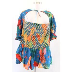 Eshakti Colorful Fruit Print Tie Neck Puff Sleeve Peplum Top Blouse 4X 28W Boho